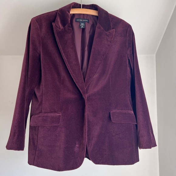 New York & Company Velvet Blazer 16 Burgundy Red Wine Button Front Cotton Jacket - Picture 2 of 8